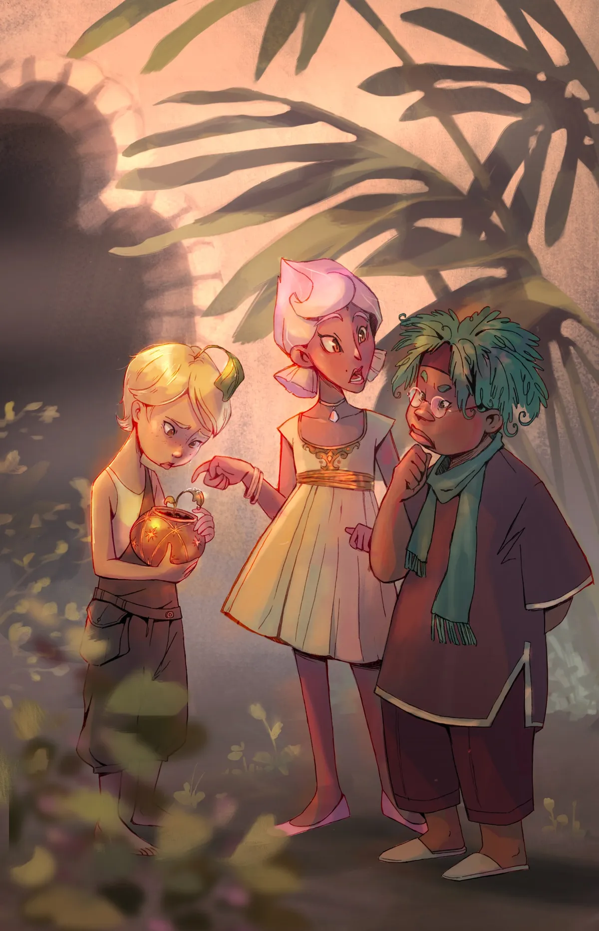 Three children at dusk beneath palm leaves: a blonde boy cradles a glowing lantern while a pink-haired girl points at it and a green-haired boy in a scarf looks on.