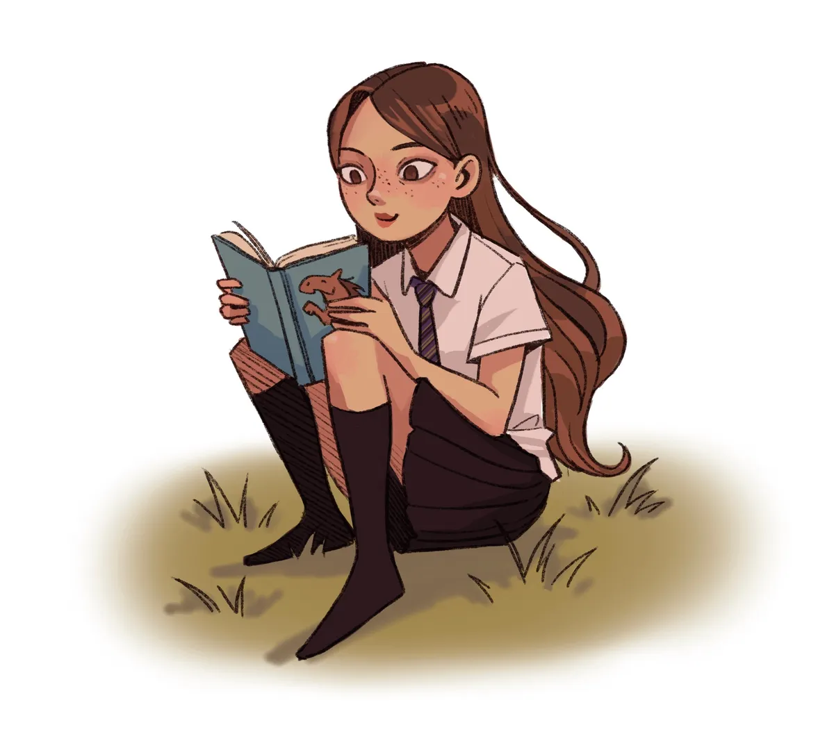 A girl in school uniform sits on the grass, absorbed in a book showing a horse.