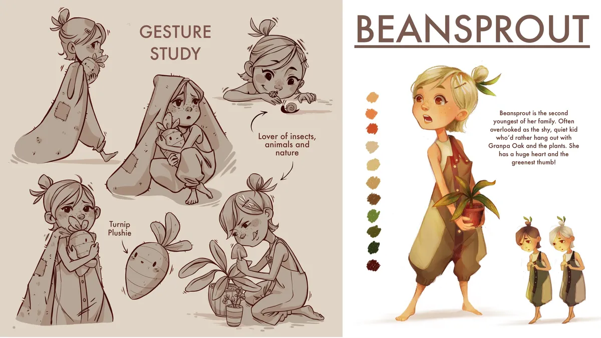 Character sheet for Beansprout: gesture studies of a girl wrapped in a blanket with her turnip plushie, beside a full-colour turnaround and palette.