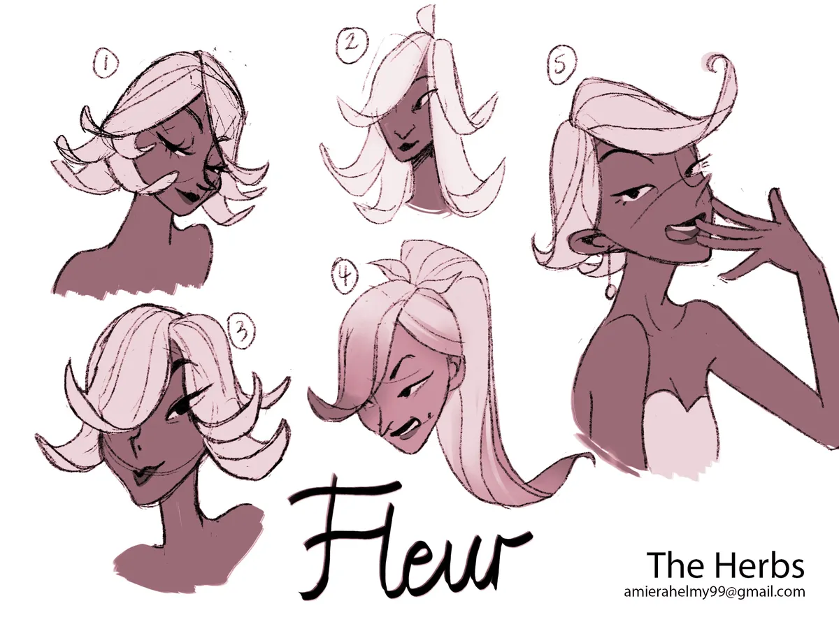 Character studies for Fleur: five head-and-shoulders expressions and hairstyles drawn in pink monochrome.