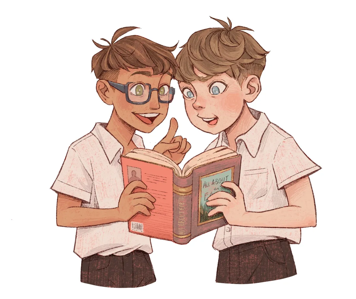 Two schoolboys share a large book titled All About the Earth, one raising a finger to make a point.