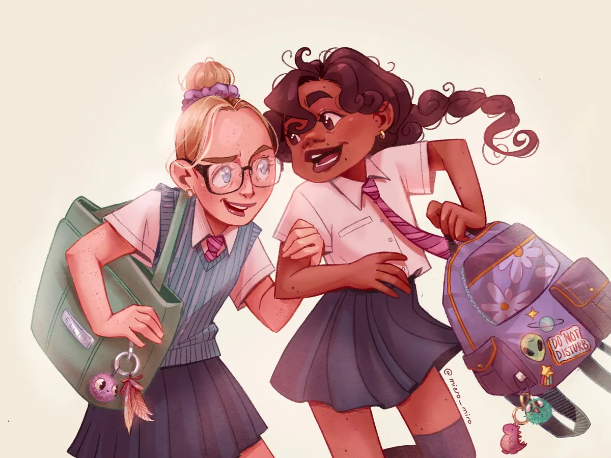 Two schoolgirls in uniform lean together laughing, one carrying a green tote bag, the other a lilac backpack covered in badges.