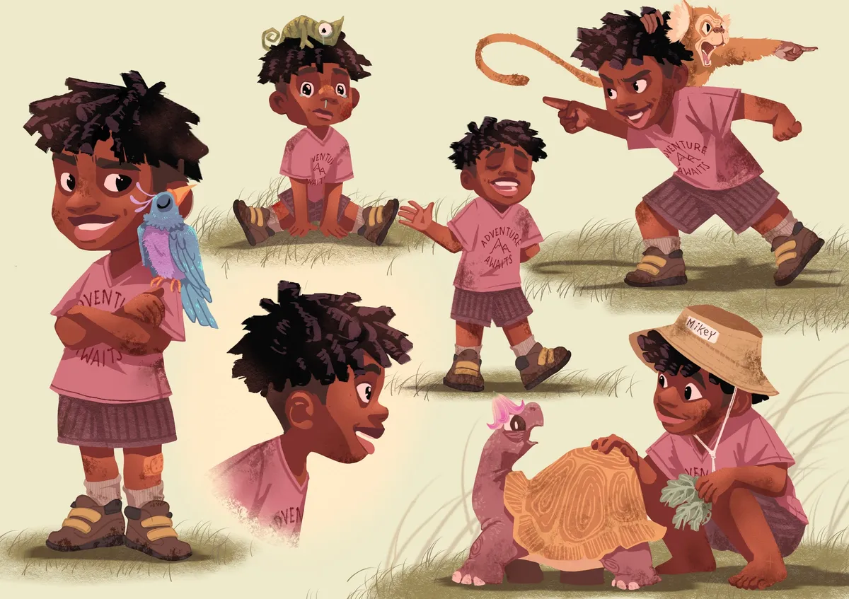 Character sheet for a boy in an Adventure Awaits t-shirt, drawn in six poses with a parrot, a chameleon, a monkey and a tortoise.