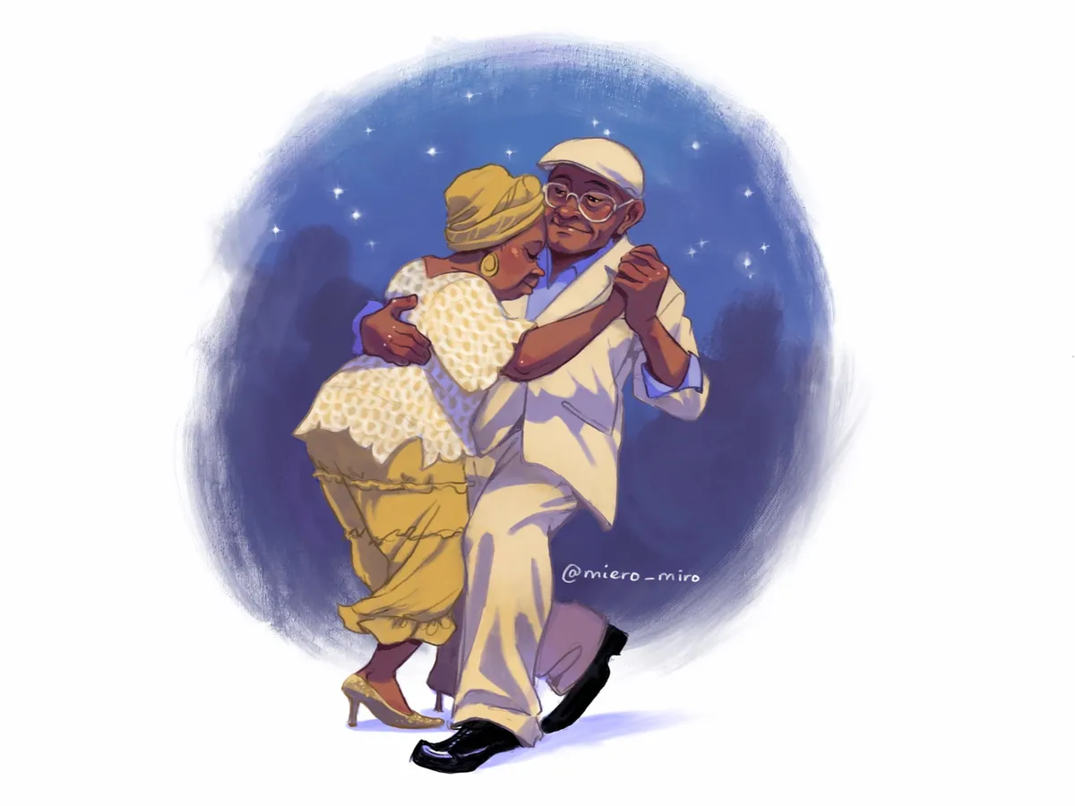 An elderly couple in pale evening dress dance cheek to cheek beneath a starry night sky.