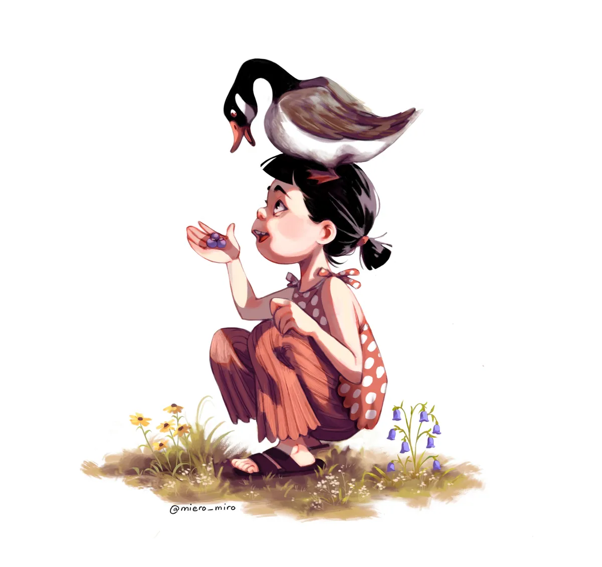 A girl crouching among wildflowers holds out a palmful of berries to a goose perched on her head.