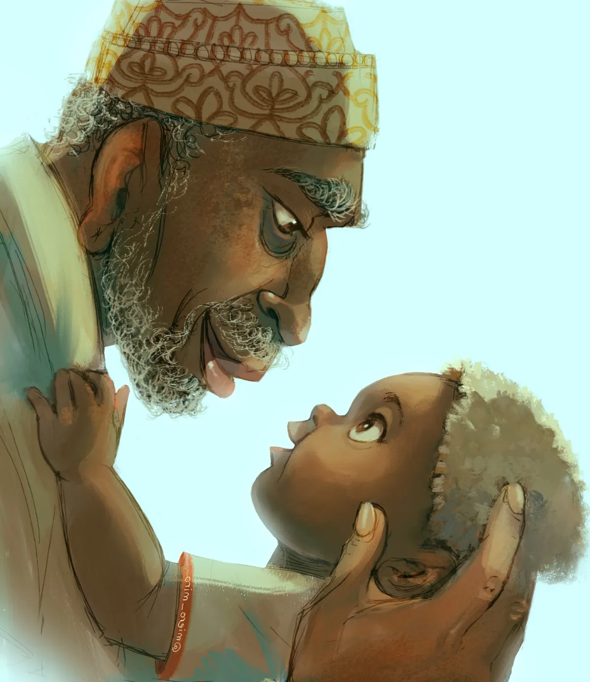 A grandfather in an embroidered cap and a small boy hold each other's faces, foreheads almost touching.