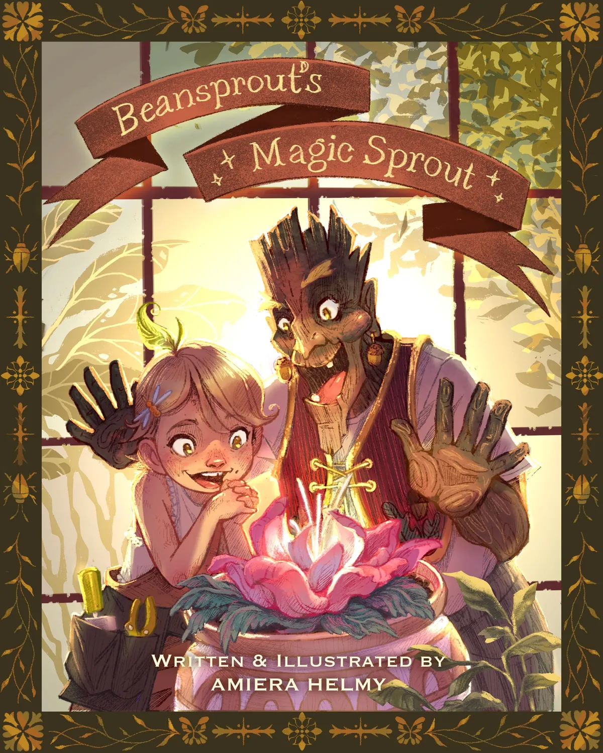Cover for Beansprout's Magic Sprout: a girl and a tall bark-skinned herbalist raise their hands over a glowing pink flower in a sunlit greenhouse, inside an ornamental gold and green border.