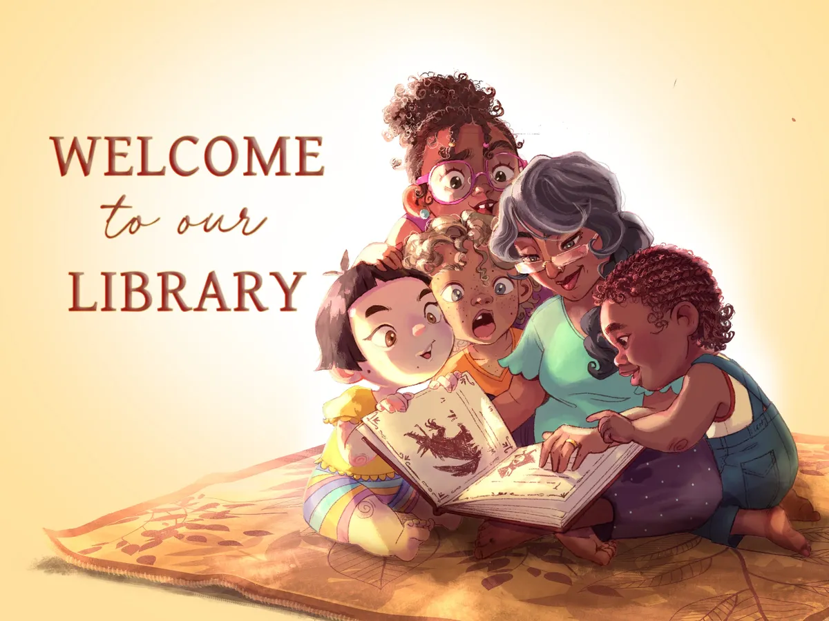 Welcome to our Library poster: a teacher and five children crowded around an open picture book on a patterned rug.