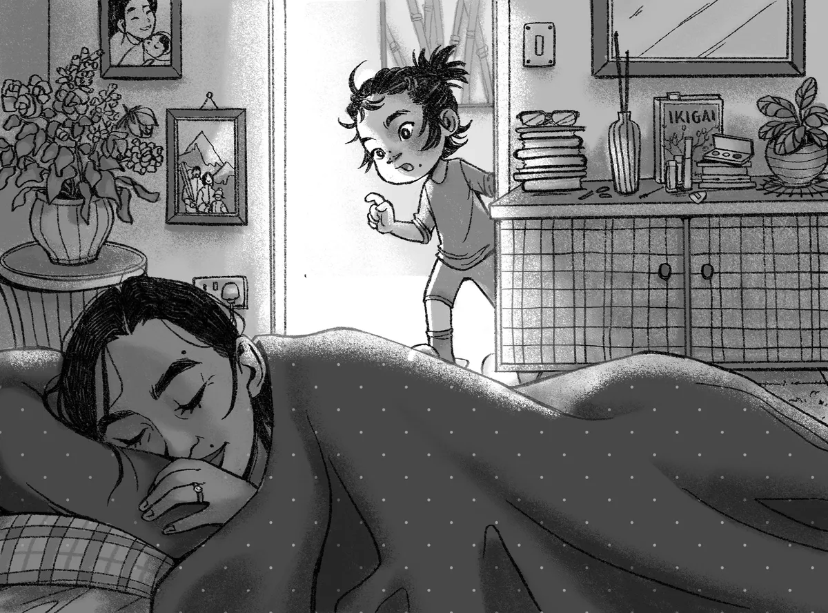 Greyscale interior: a small boy peers around a bedroom doorway at his mother asleep under a duvet.