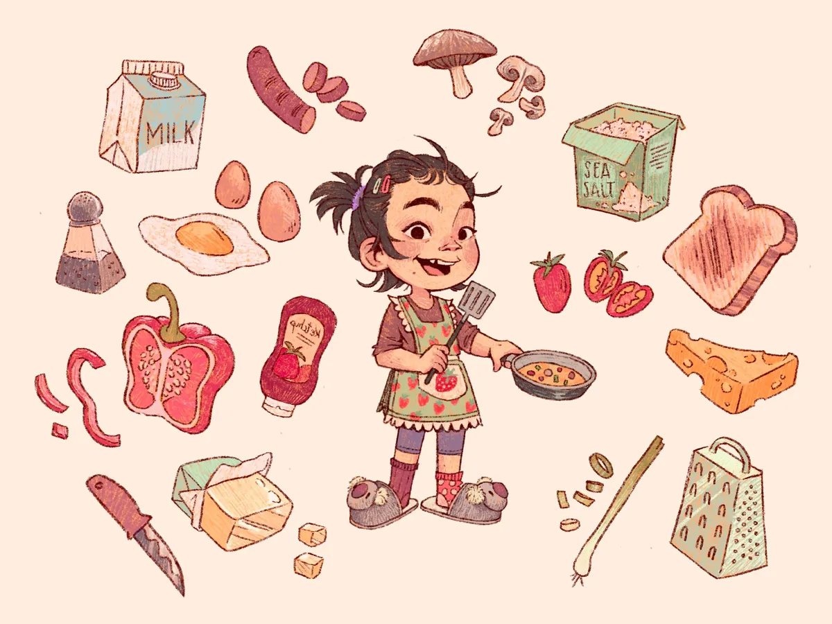 A girl in a strawberry-print apron cooks at a frying pan, ringed by breakfast ingredients: eggs, milk, mushrooms, toast and cheese.